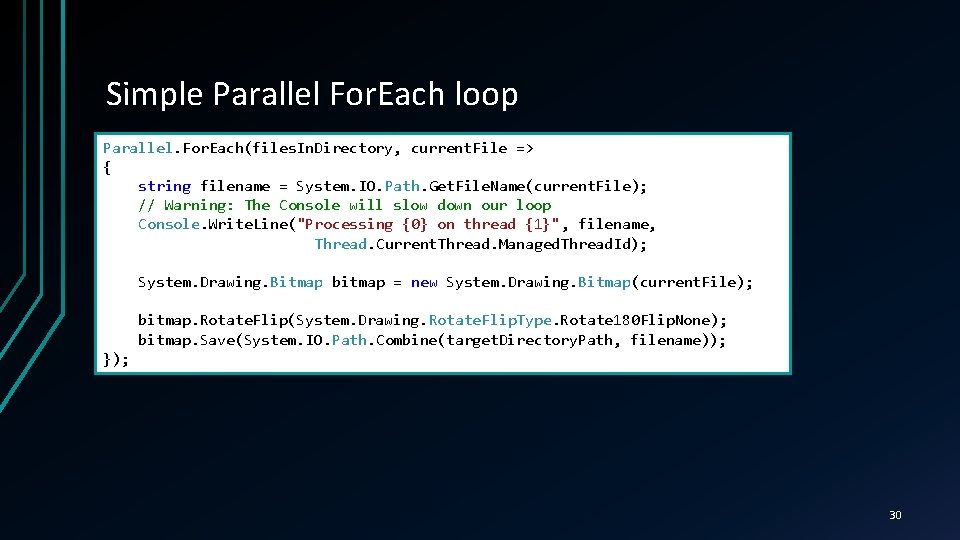 Simple Parallel For. Each loop Parallel. For. Each(files. In. Directory, current. File => {