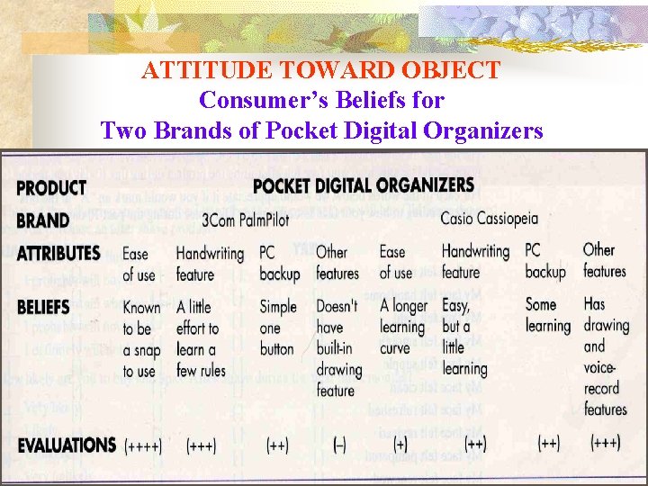 ATTITUDE TOWARD OBJECT Consumer’s Beliefs for Two Brands of Pocket Digital Organizers 