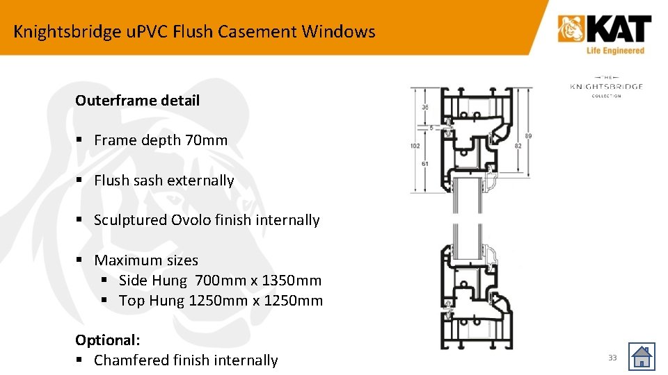 Knightsbridge u. PVC Flush Casement Windows Outerframe detail § Frame depth 70 mm §