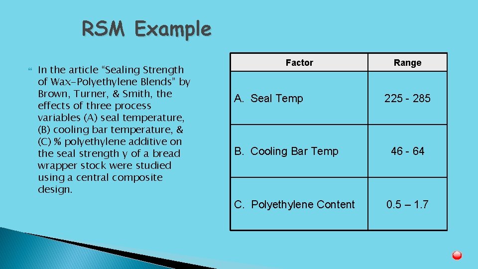 RSM Example In the article “Sealing Strength of Wax-Polyethylene Blends” by Brown, Turner, &