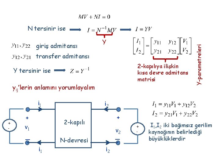 giriş admitansı Y transfer admitansı 2 -kapılıya ilişkin kısa devre admitans matrisi Y tersinir