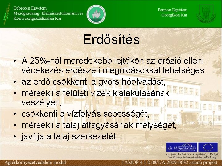 Erdősítés • A 25%-nál meredekebb lejtőkön az erózió elleni védekezés erdészeti megoldásokkal lehetséges: •