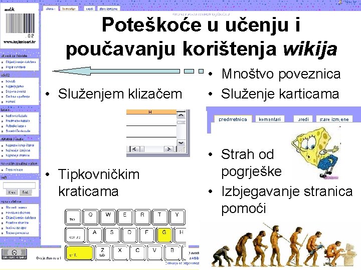 Poteškoće u učenju i poučavanju korištenja wikija • Služenjem klizačem • Tipkovničkim kraticama •