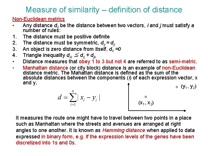 Measure of similarity – definition of distance Non-Euclidean metrics • Any distance dij be