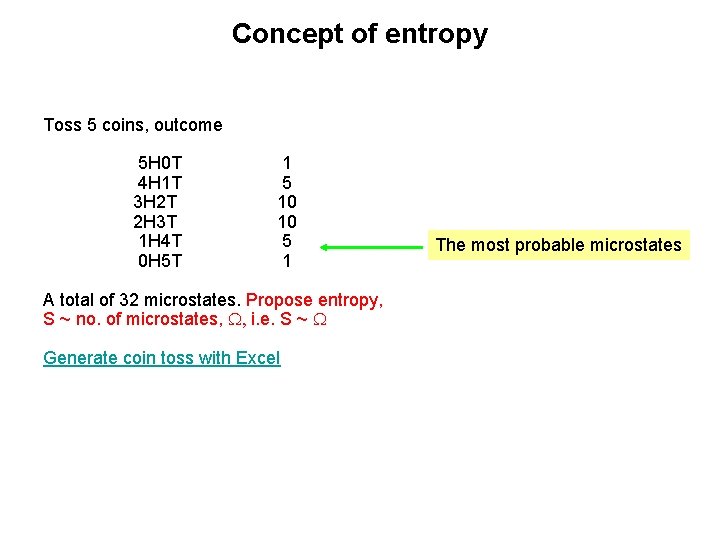 Concept of entropy Toss 5 coins, outcome 5 H 0 T 4 H 1