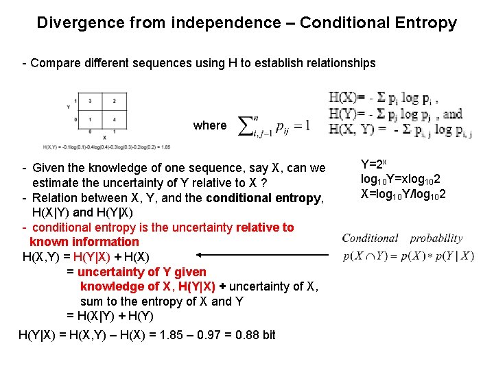 Divergence from independence – Conditional Entropy - Compare different sequences using H to establish