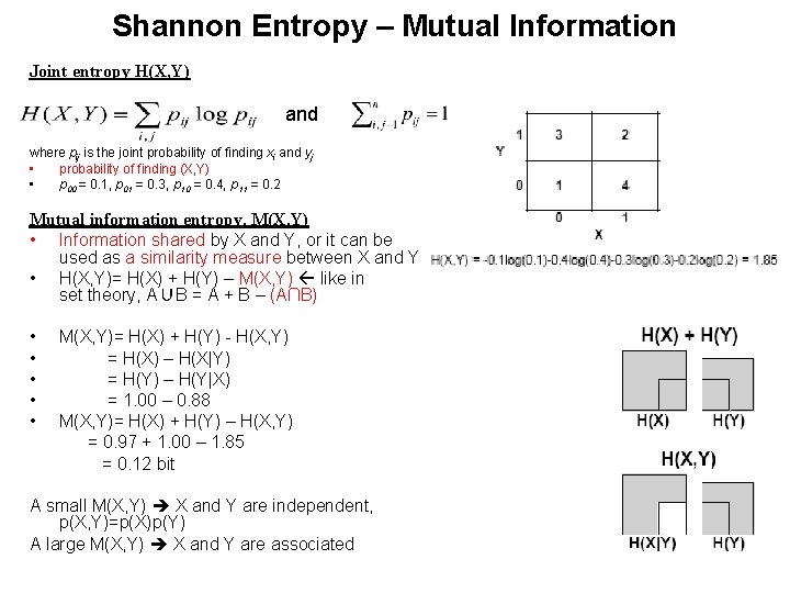 Shannon Entropy – Mutual Information Joint entropy H(X, Y) and where pij is the