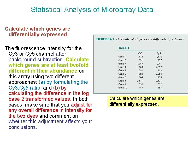 Statistical Analysis of Microarray Data Calculate which genes are differentially expressed The fluorescence intensity
