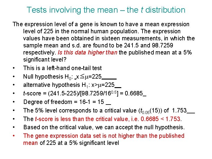 Tests involving the mean – the t distribution The expression level of a gene