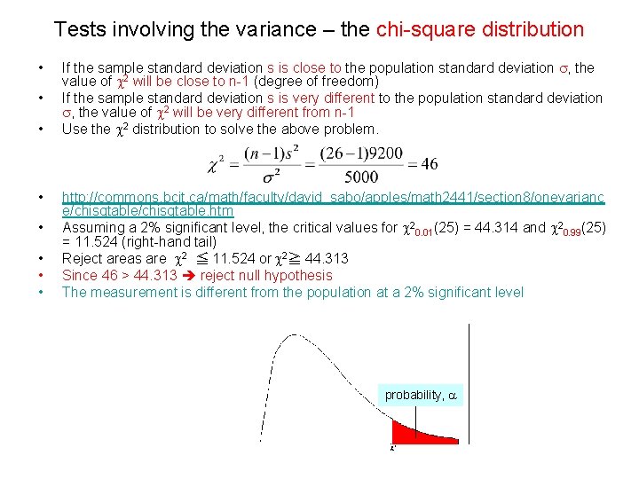 Tests involving the variance – the chi-square distribution • • If the sample standard