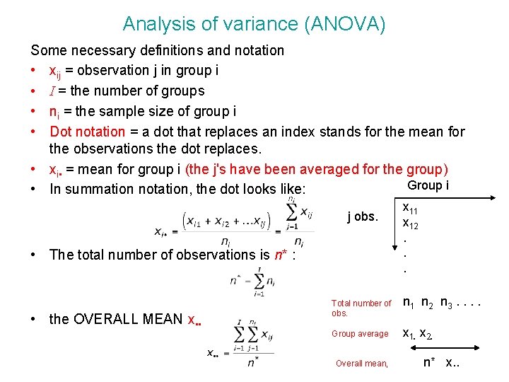 Analysis of variance (ANOVA) Some necessary definitions and notation • xij = observation j