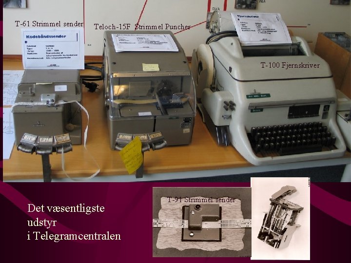 T-61 Strimmel sender Teloch-15 F Strimmel Puncher T-100 Fjernskriver Det væsentligste udstyr i Telegramcentralen