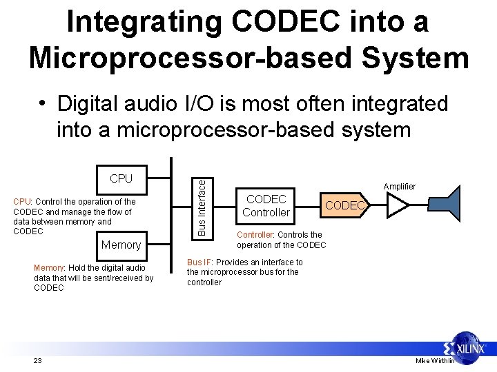 Integrating CODEC into a Microprocessor-based System • Digital audio I/O is most often integrated