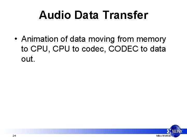 Audio Data Transfer • Animation of data moving from memory to CPU, CPU to
