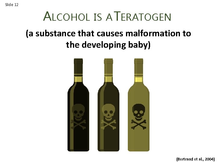 Slide 12 ALCOHOL IS A TERATOGEN (a substance that causes malformation to the developing