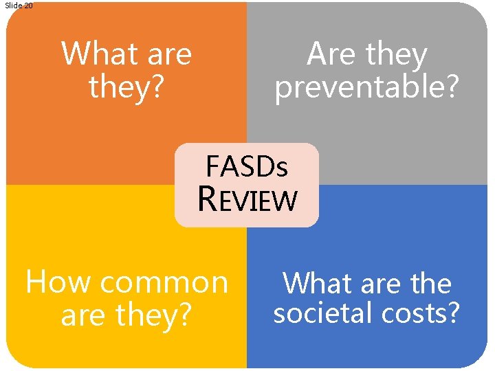 Slide 20 What are they? Are they preventable? FASDs REVIEW How common are they?