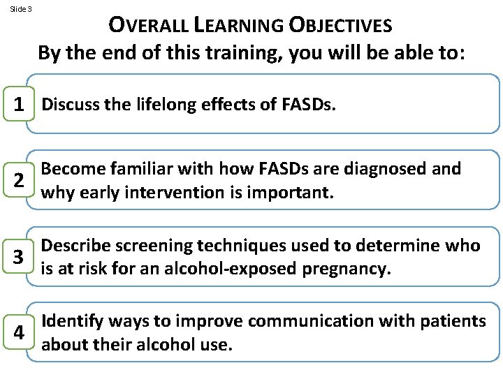 Slide 3 OVERALL LEARNING OBJECTIVES By the end of this training, you will be