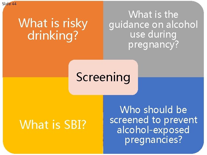 Slide 44 What is risky drinking? What is the guidance on alcohol use during