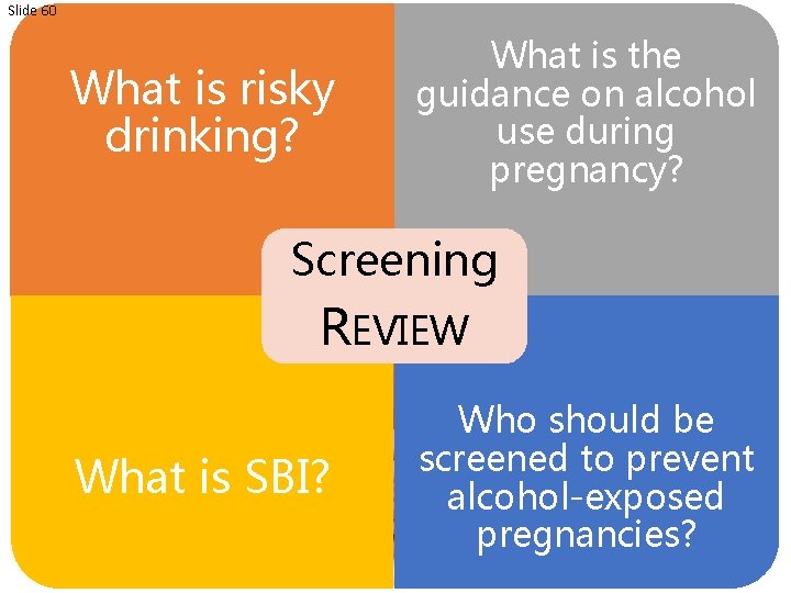 Slide 60 What is risky drinking? What is the guidance on alcohol use during