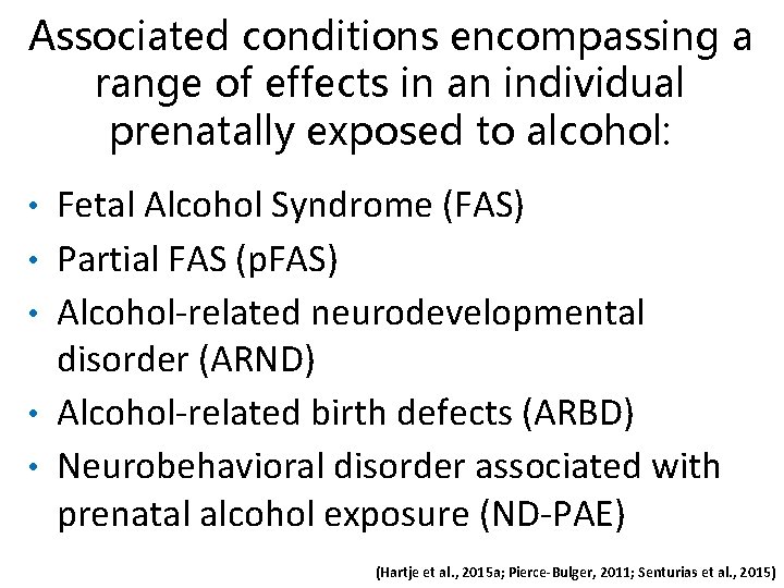 Associated conditions encompassing a range of effects in an individual prenatally exposed to alcohol: