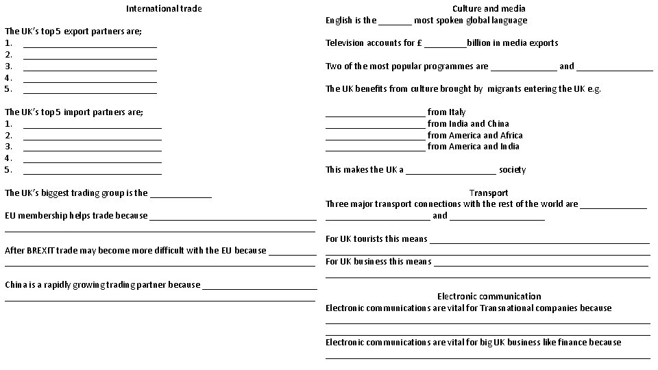 International trade The UK’s top 5 export partners are; 1. ______________ 2. ______________ 3.