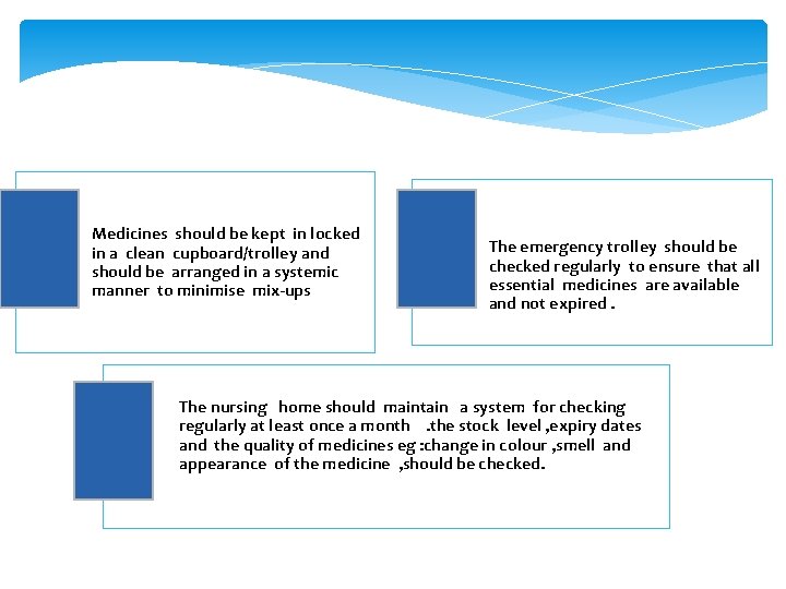 Medicines should be kept in locked in a clean cupboard/trolley and should be arranged