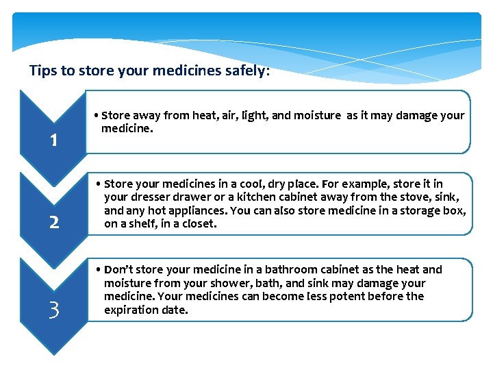 Tips to store your medicines safely: 1 • Store away from heat, air, light,