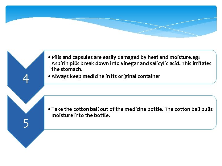 4 5 • Pills and capsules are easily damaged by heat and moisture. eg: