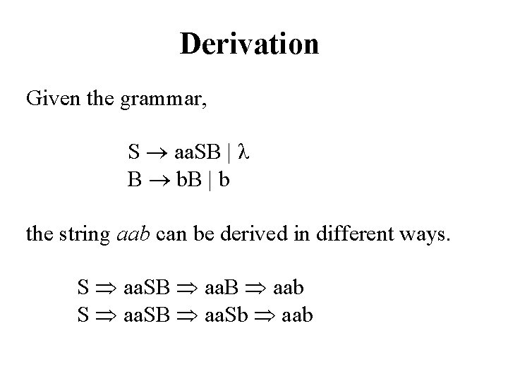 Derivation Given the grammar, S aa. SB | λ B b. B | b