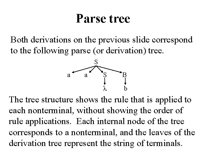 Parse tree Both derivations on the previous slide correspond to the following parse (or