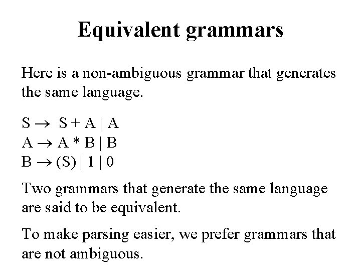 Equivalent grammars Here is a non-ambiguous grammar that generates the same language. S S+A|A