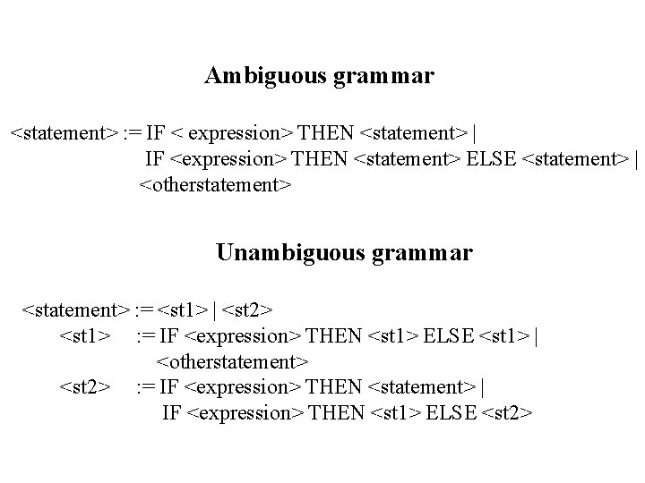 Ambiguous grammar <statement> : = IF < expression> THEN <statement> | IF <expression> THEN