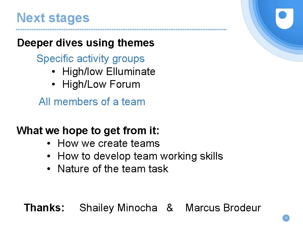 Next stages Deeper dives using themes Specific activity groups • High/low Elluminate • High/Low