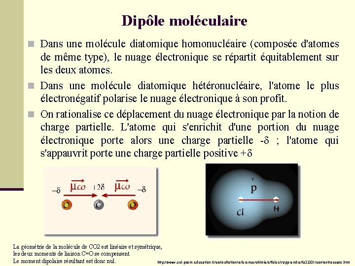 Dipôle moléculaire n Dans une molécule diatomique homonucléaire (composée d'atomes de même type), le