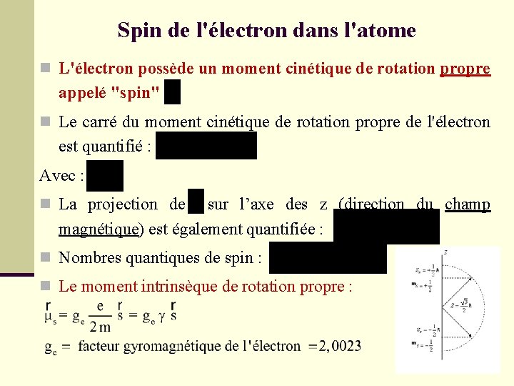 Spin de l'électron dans l'atome n L'électron possède un moment cinétique de rotation propre