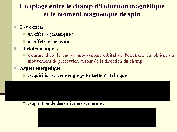 Couplage entre le champ d'induction magnétique et le moment magnétique de spin n Deux