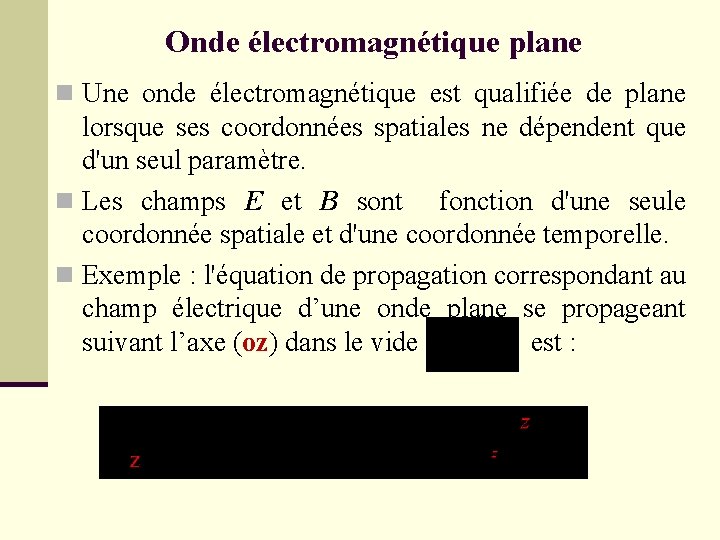 Onde électromagnétique plane n Une onde électromagnétique est qualifiée de plane lorsque ses coordonnées