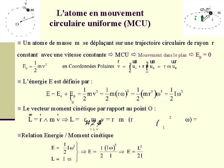 L'atome en mouvement circulaire uniforme (MCU) n Un atome de masse m se déplaçant