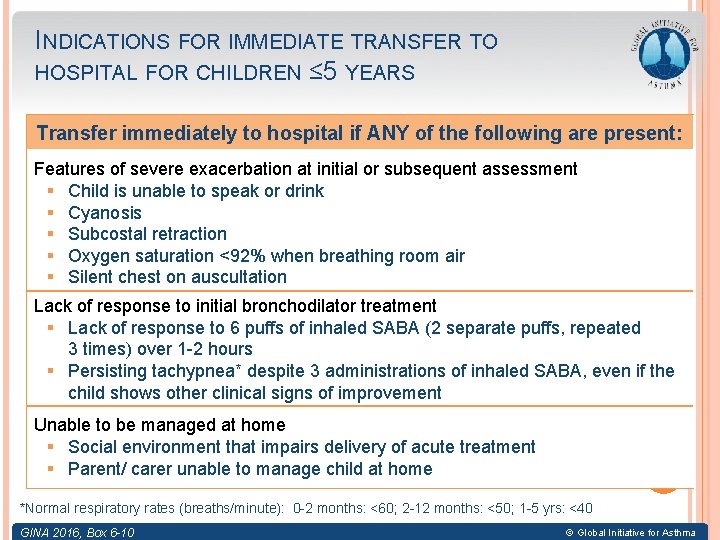 INDICATIONS FOR IMMEDIATE TRANSFER TO HOSPITAL FOR CHILDREN ≤ 5 YEARS Transfer immediately to