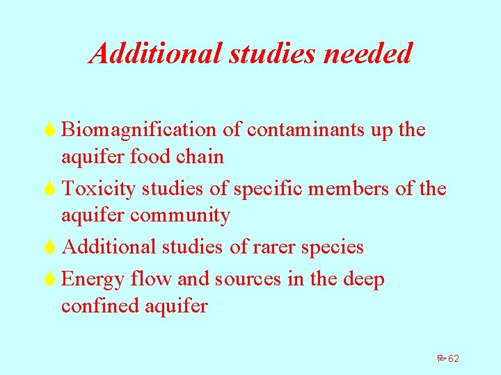Additional studies needed S Biomagnification of contaminants up the aquifer food chain S Toxicity