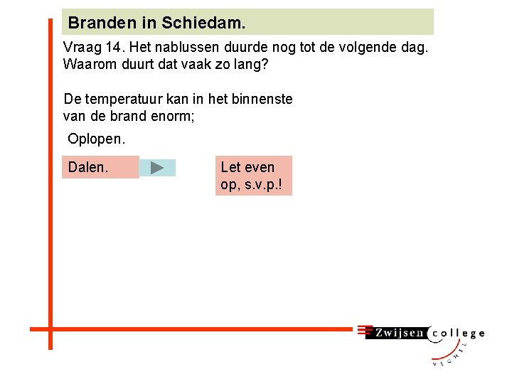 Branden in Schiedam. Vraag 14. Het nablussen duurde nog tot de volgende dag. Waarom