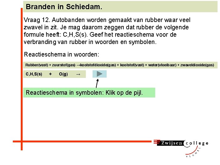 Branden in Schiedam. Vraag 12. Autobanden worden gemaakt van rubber waar veel zwavel in