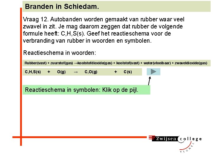 Branden in Schiedam. Vraag 12. Autobanden worden gemaakt van rubber waar veel zwavel in