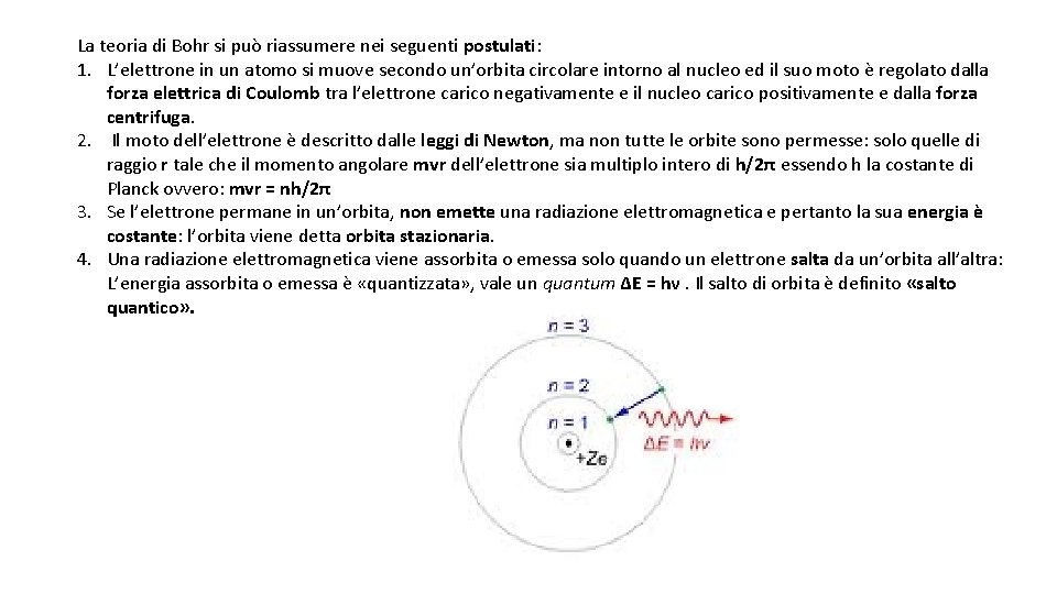 La teoria di Bohr si può riassumere nei seguenti postulati: 1. L’elettrone in un