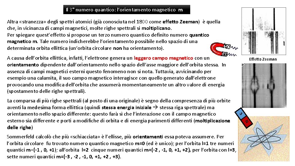 Il 3° numero quantico: l’orientamento magnetico m Altra «stranezza» degli spettri atomici (già conosciuta