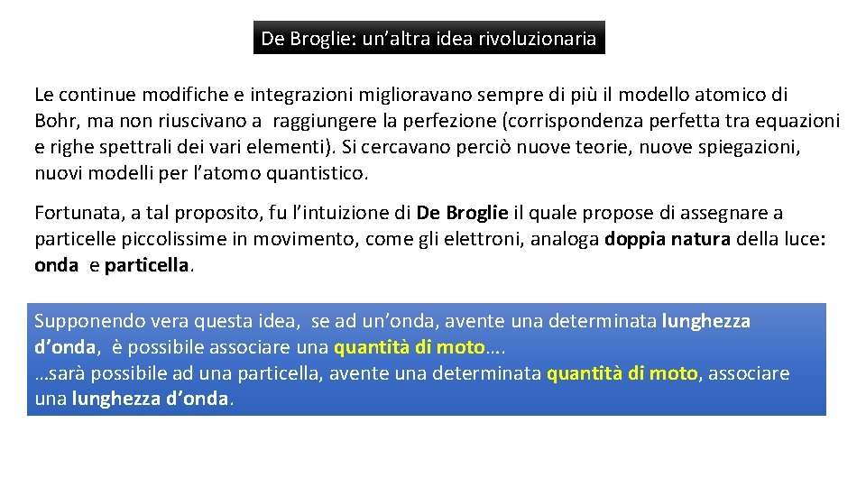 De Broglie: un’altra idea rivoluzionaria Le continue modifiche e integrazioni miglioravano sempre di più
