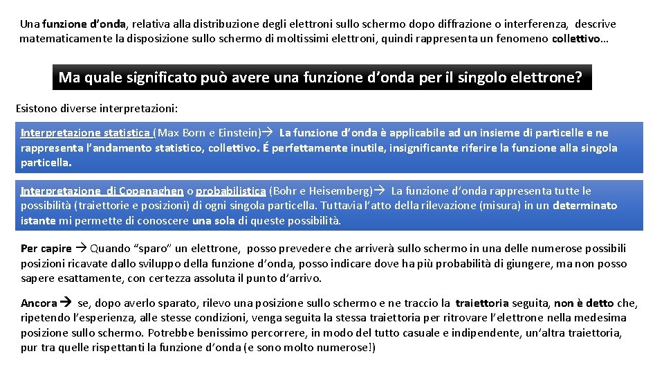 Una funzione d’onda, relativa alla distribuzione degli elettroni sullo schermo dopo diffrazione o interferenza,