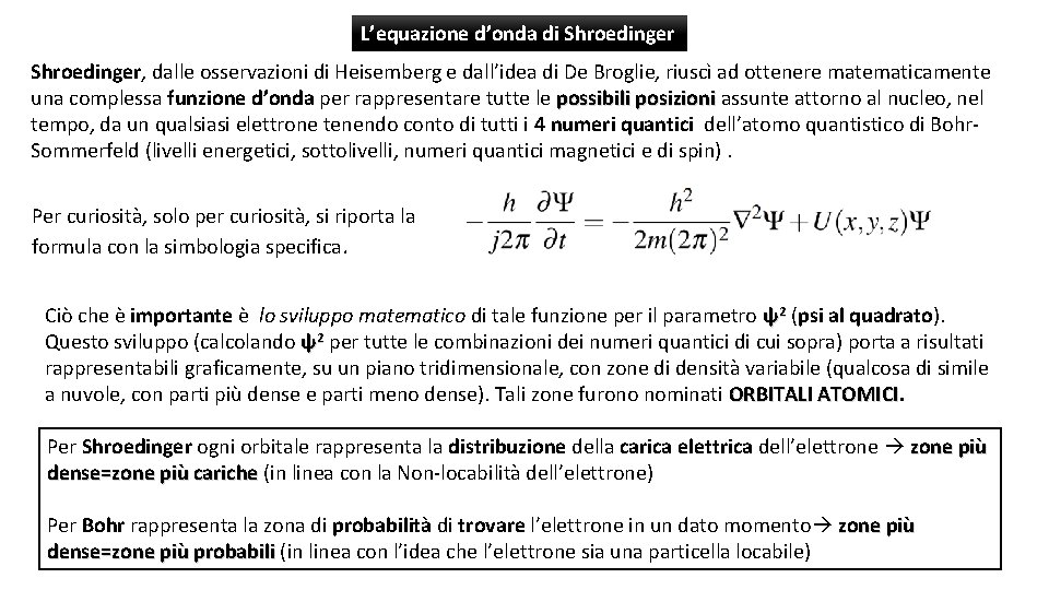 L’equazione d’onda di Shroedinger, dalle osservazioni di Heisemberg e dall’idea di De Broglie, riuscì