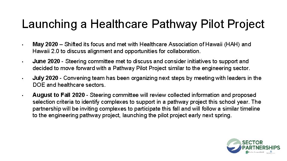 Launching a Healthcare Pathway Pilot Project ▪ May 2020 – Shifted its focus and