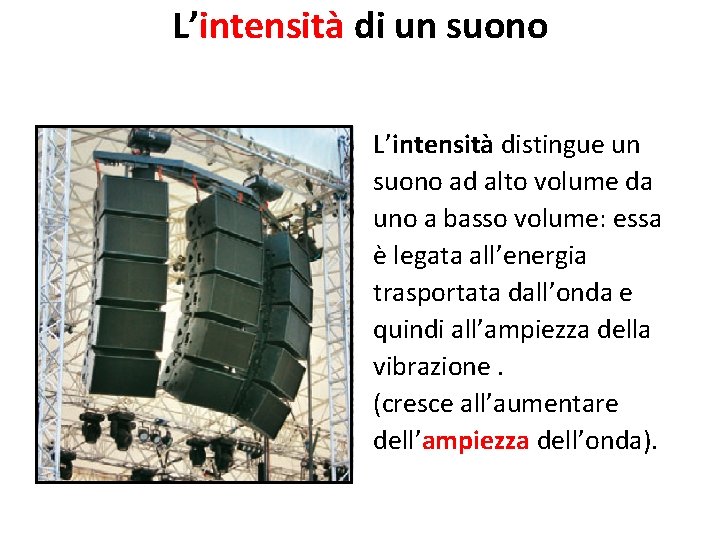 L’intensità di un suono L’intensità distingue un suono ad alto volume da uno a